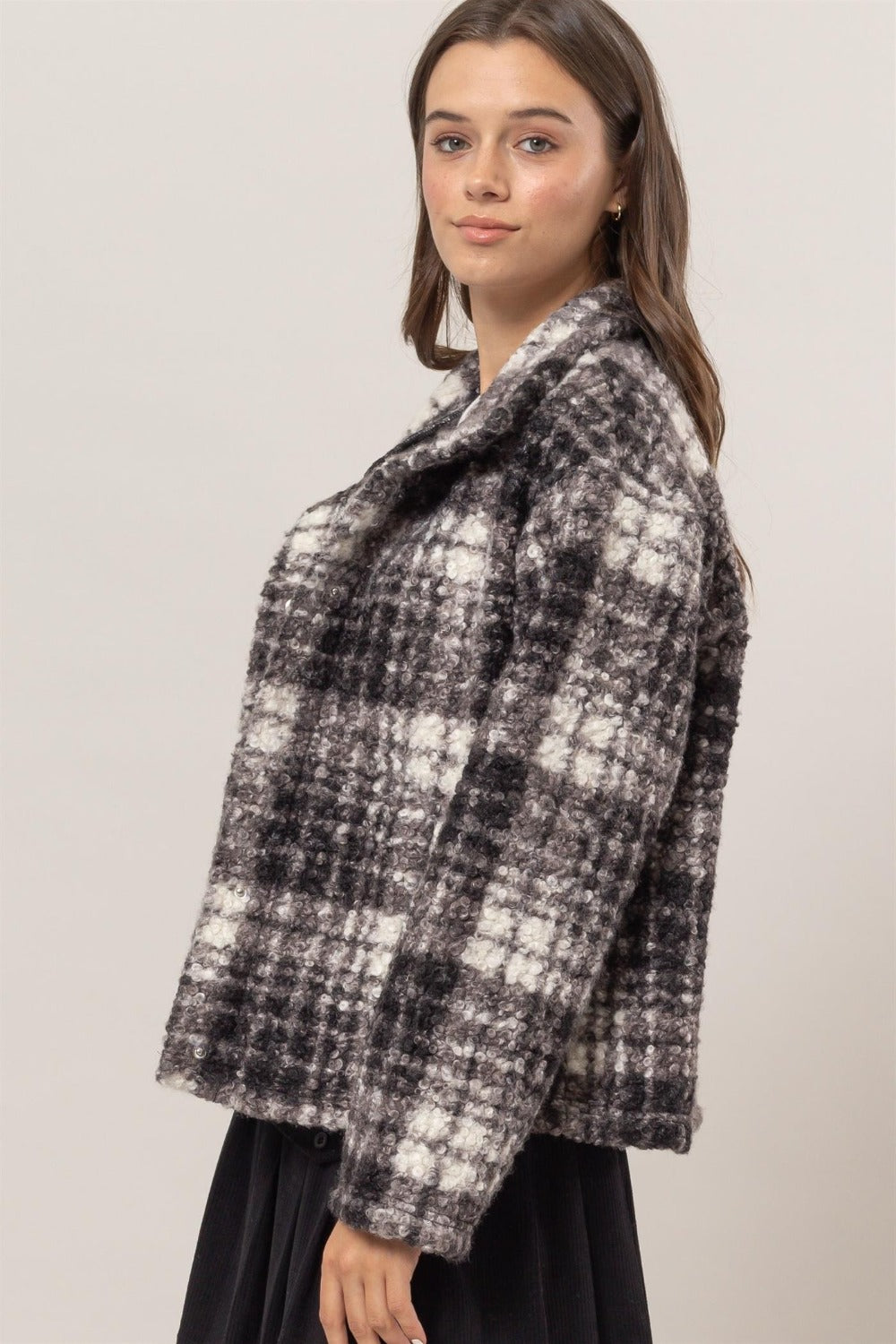 Black Plaid Collared Neck Boucle Jacket with Pockets