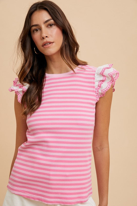 Pink Ruffled Striped Round Neck Cap Sleeve Knit Top