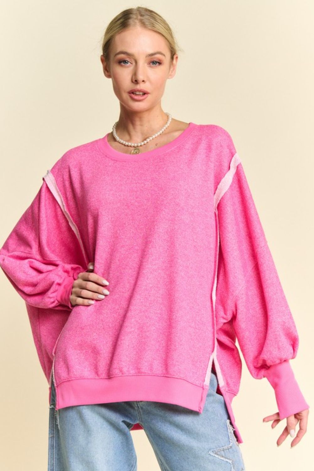 Pink Side Slit High-Low Lantern Sleeve Knit Top