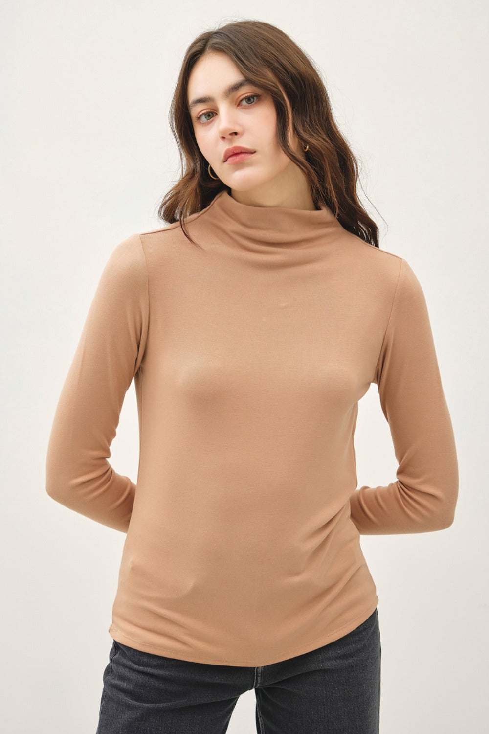 Camel Mock Neck Long Sleeve T-Shirt