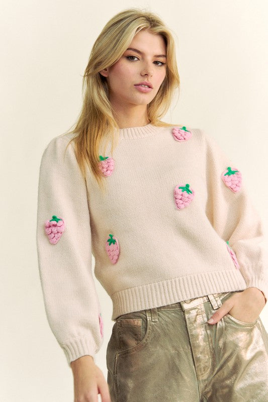 Beige Crochet Strawberry Round Neck Sweater