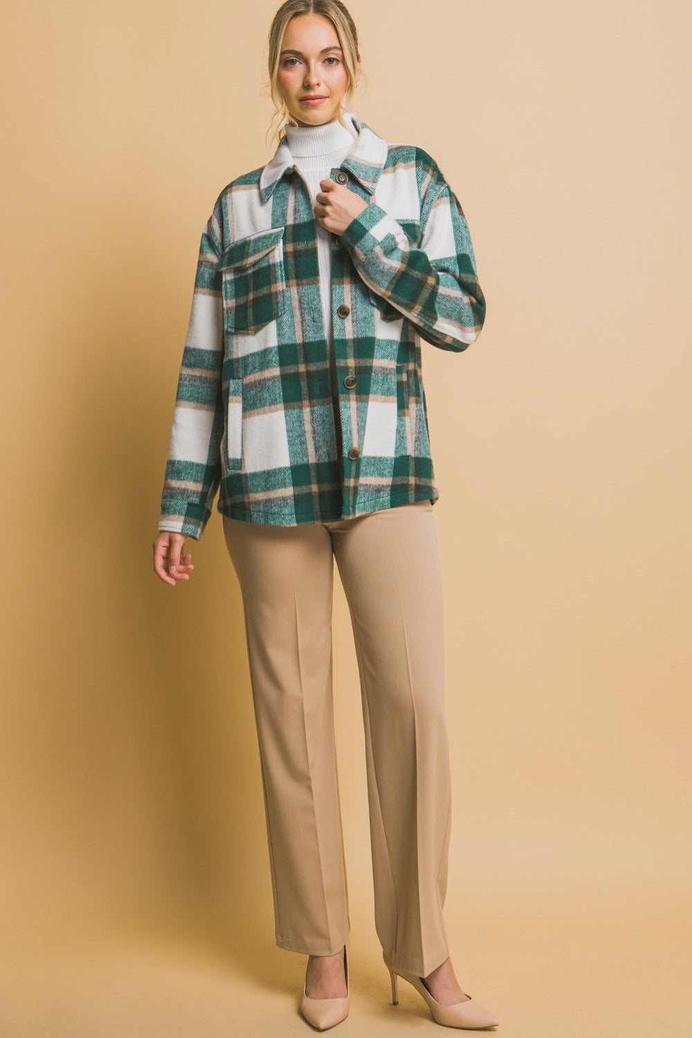 Green Plaid Button Up Shacket