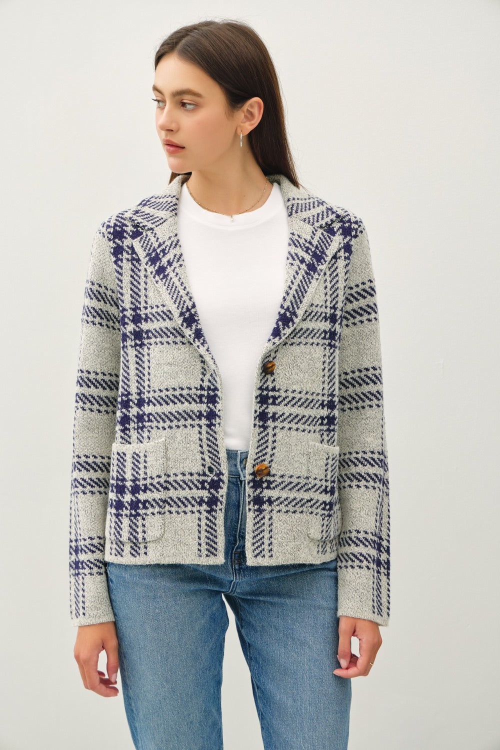 Navy Plaid Long Sleeve Sweater Jacket with Front Patch Pockets