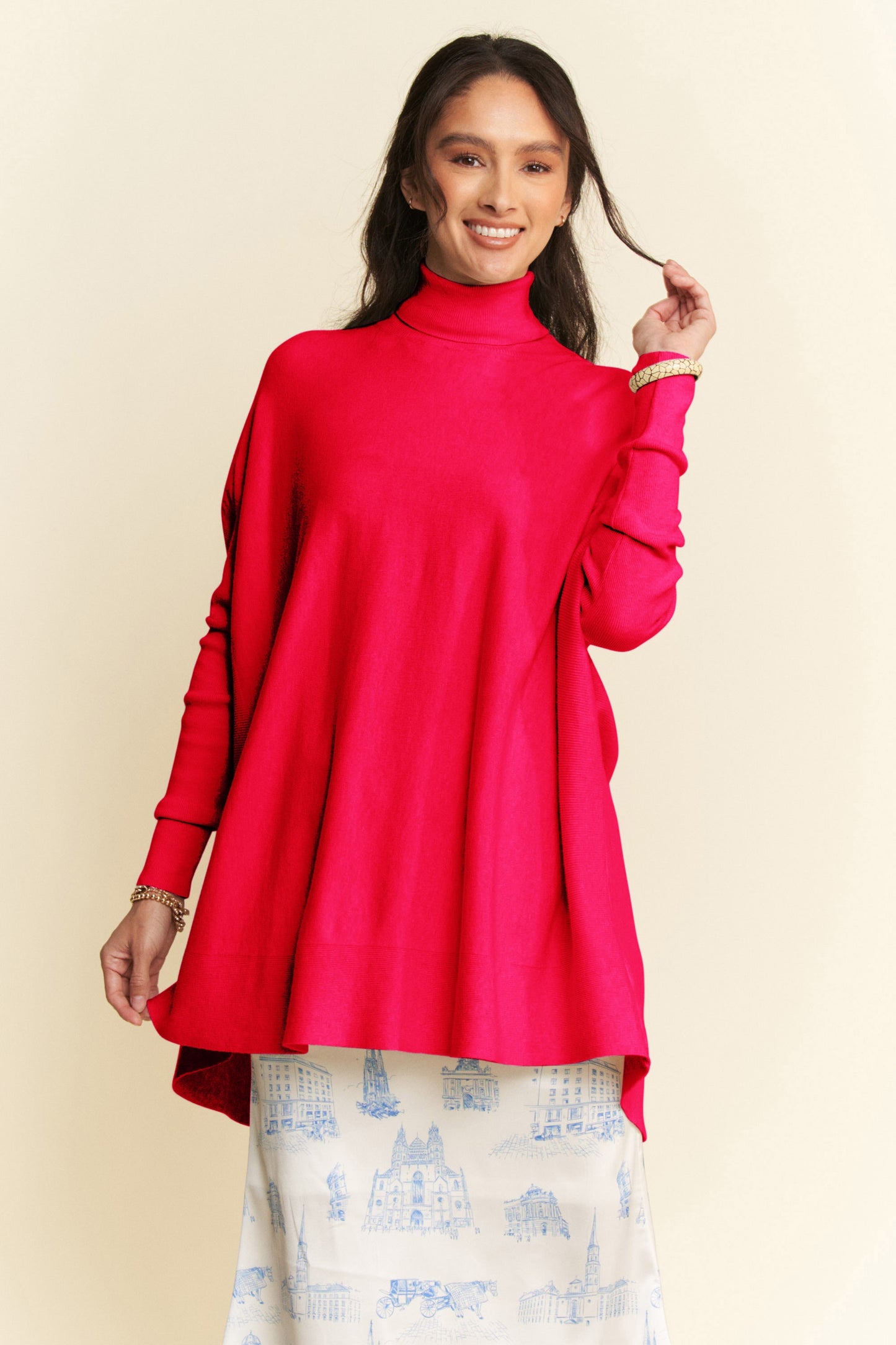 Hot Pink High-Low Turtleneck Long Sleeve Knit Top