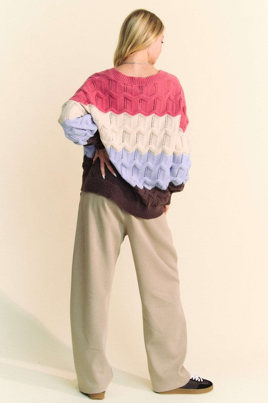 Mauve/Light Blue Wavy Texture Color Block V-Neck Sweater