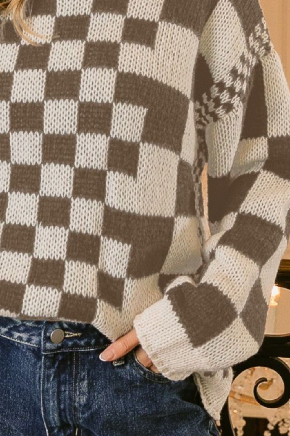 Mocha Checkered Contrast Chunky Sweater