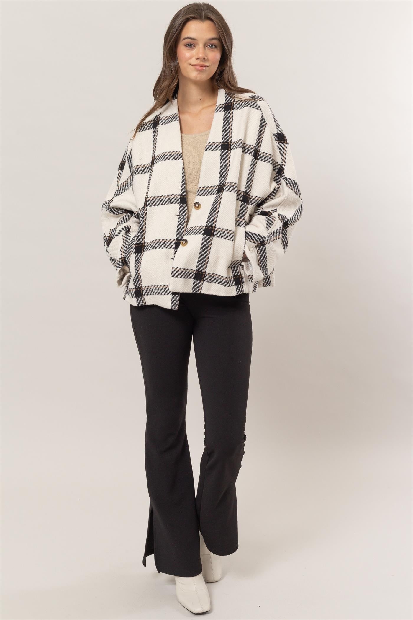 Cream Plaid Long Sleeve Jacket with Side Slit Pockets