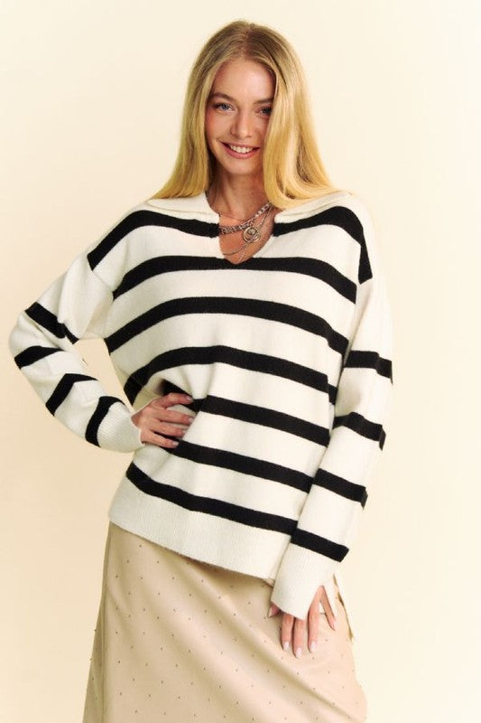 White High-Low Side Slit Striped Johnny Collar Sweater