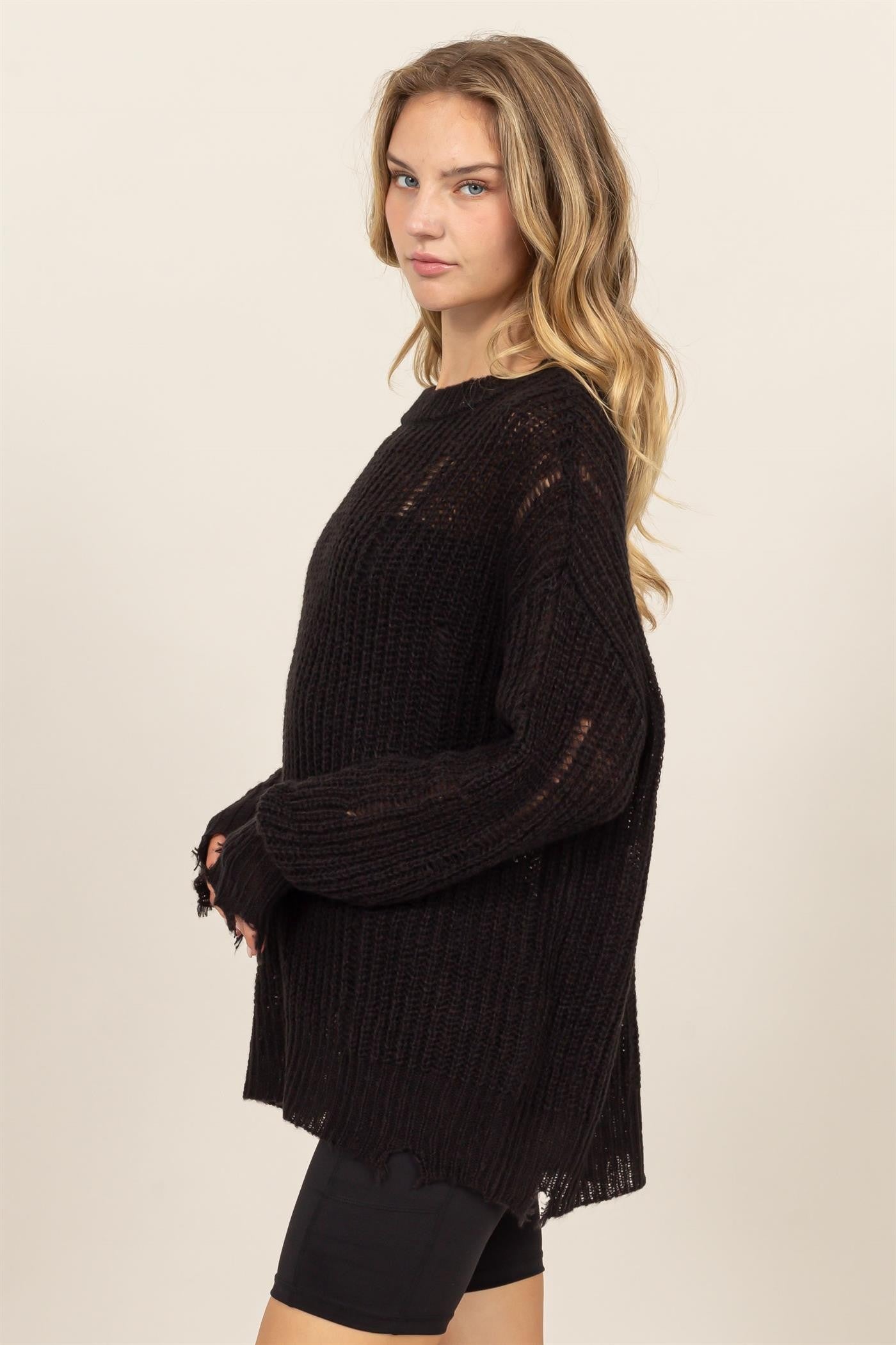 Black Distressed Long Sleeve Knit Top