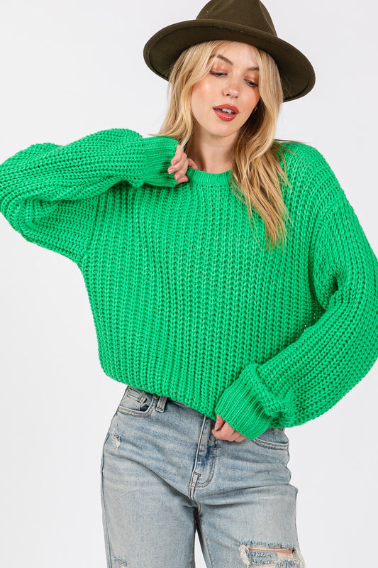 Green Round Neck Drop Shoulder Sweater