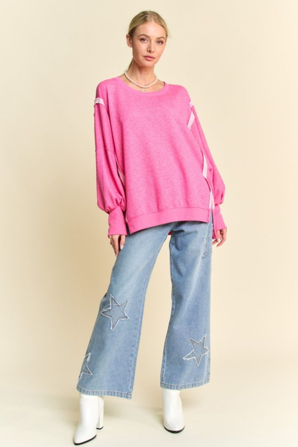 Pink Side Slit High-Low Lantern Sleeve Knit Top