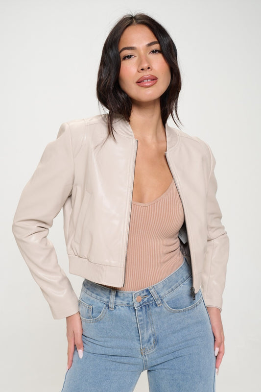 Cream Zip Up Cropped Bomber Jacket