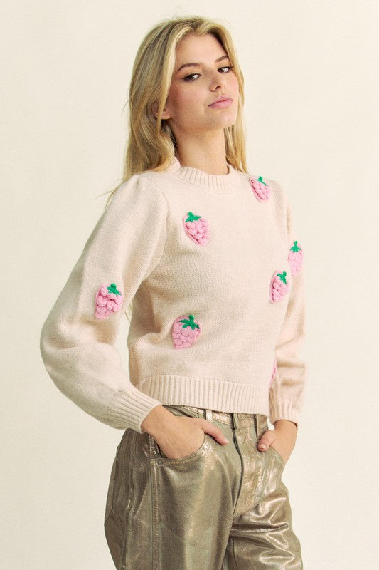 Beige Crochet Strawberry Round Neck Sweater