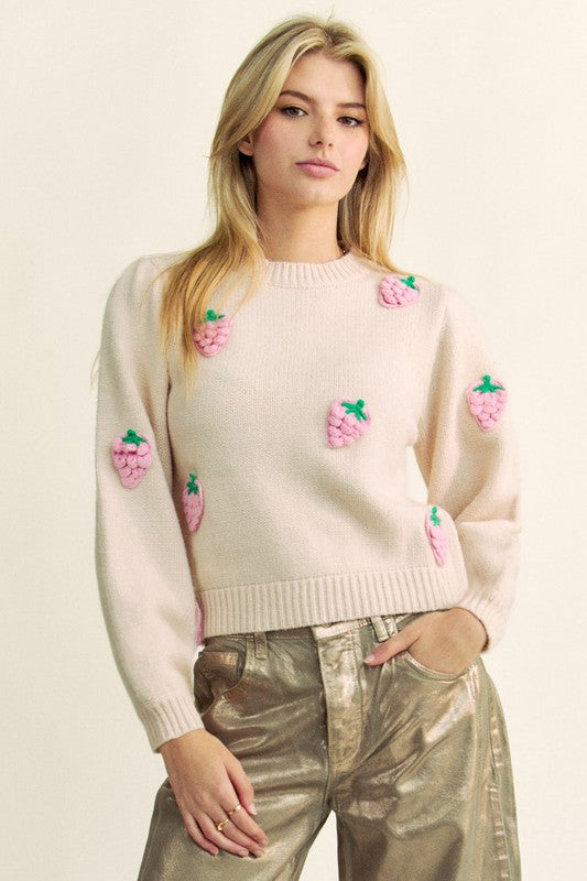 Beige Crochet Strawberry Round Neck Sweater