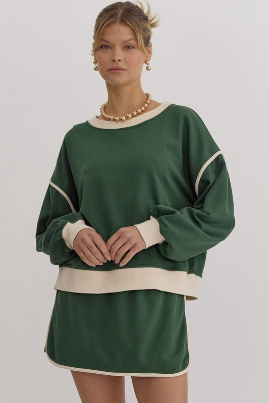 Solid Contrast Trim Long Sleeve Top in Hunter Green