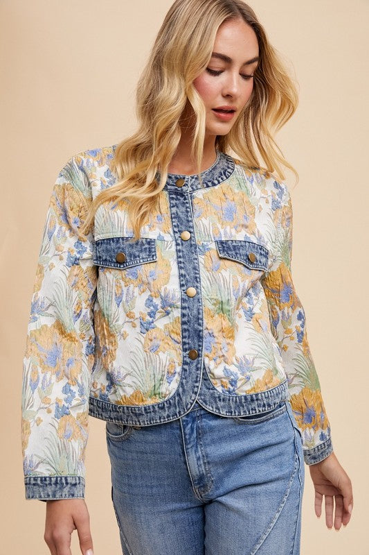 Floral Jacquard Denim Contrast Button Down Jacket