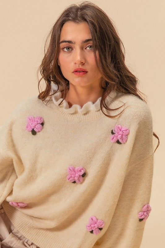 Cream Ruffled Crochet Flower Dropped Shoulder Sweater