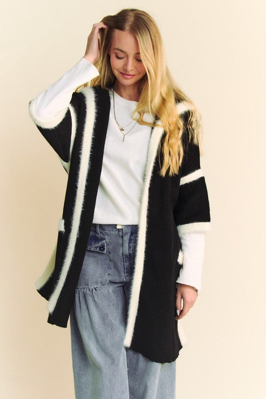 Black Fuzzy Trim Open Front Loose Fit Cardigan