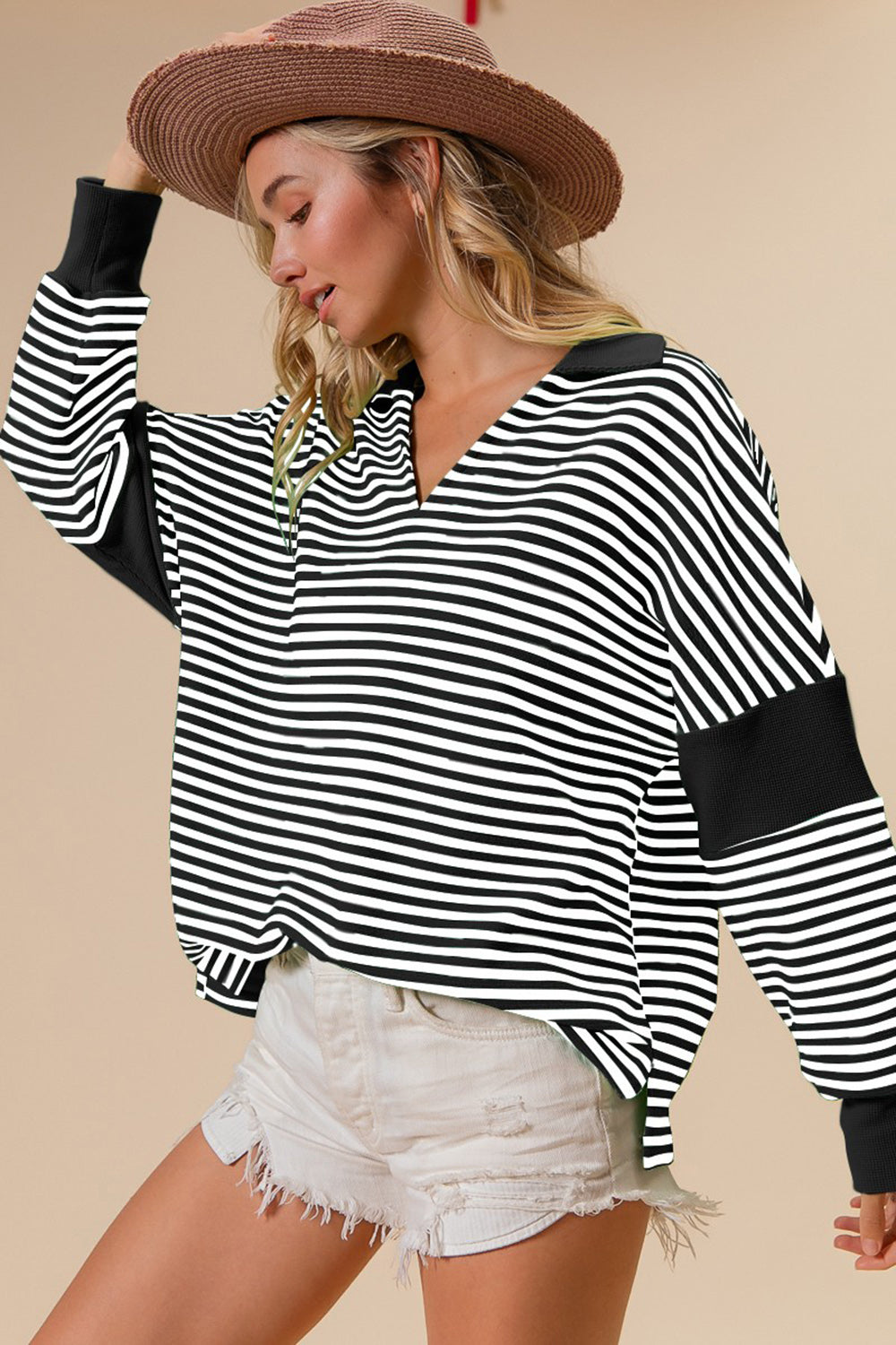 Black Striped Contrast Long Sleeve Knit Top