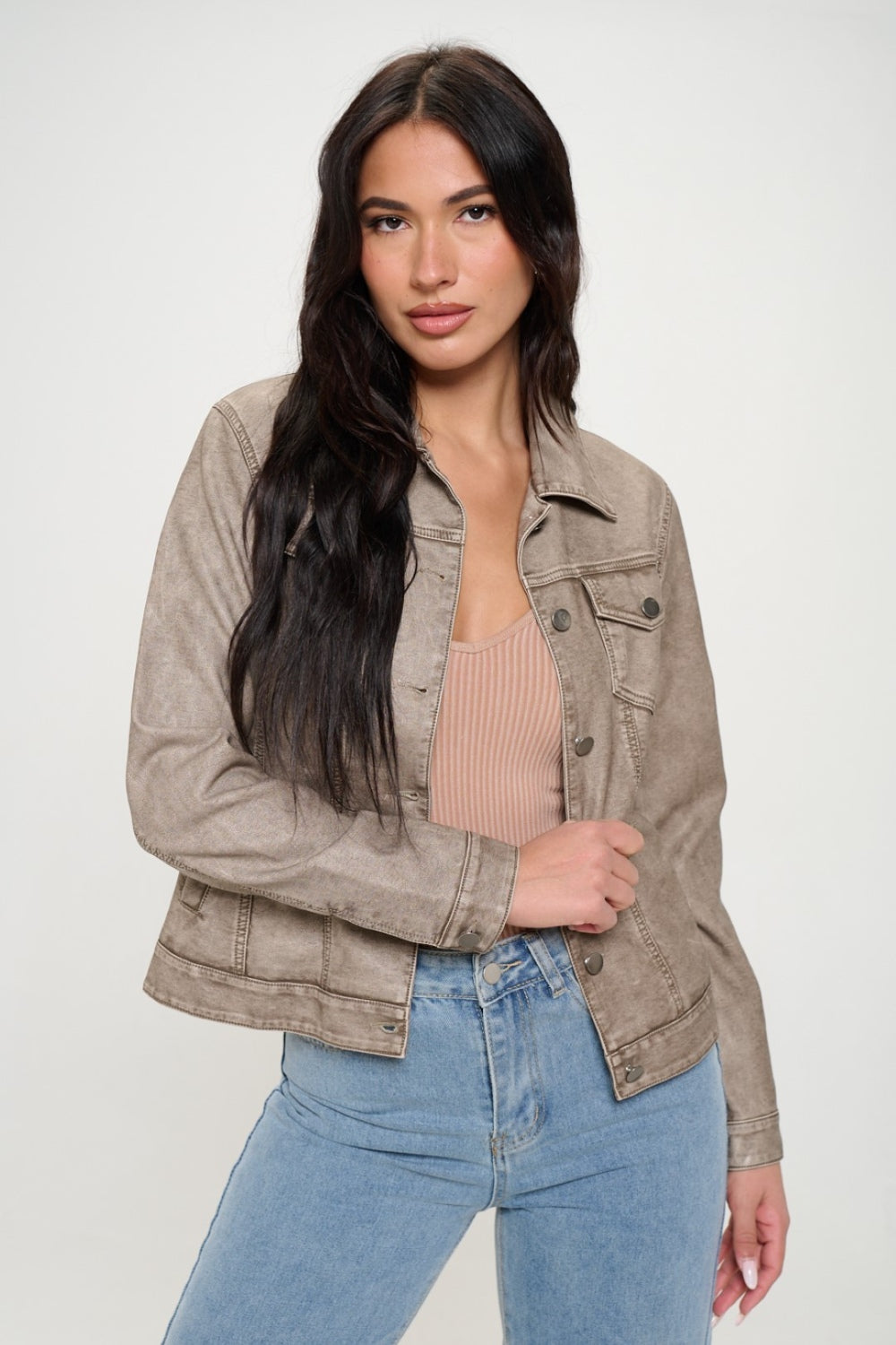 Khaki Button Down Cargo Vegan Leather Shacket