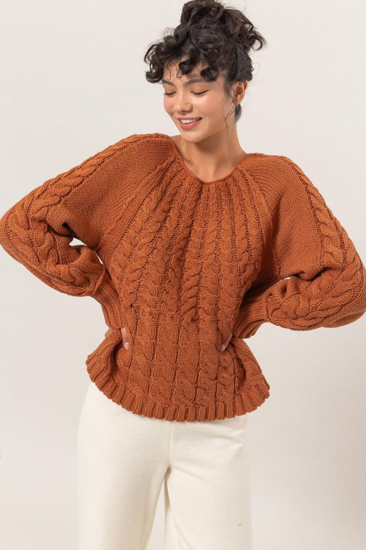 Rust Cable-Knit Round Neck Raglan Sleeve Sweater