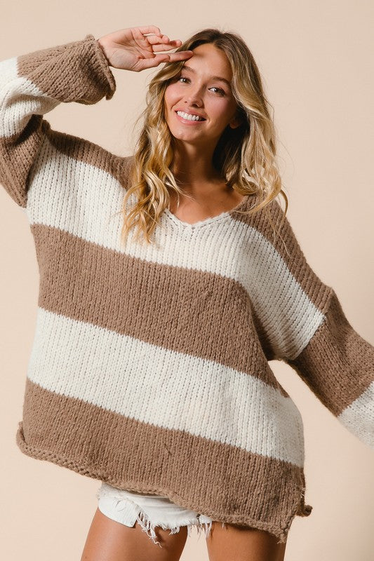 Mocha Slit Striped V-Neck Dropped Shoulder Sweater