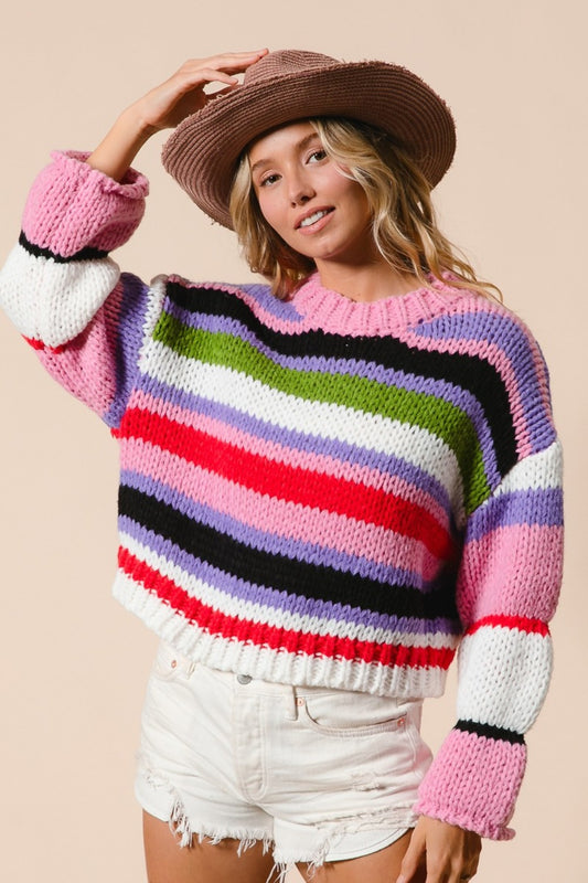 Pink Multi Color Striped Cropped Sweater