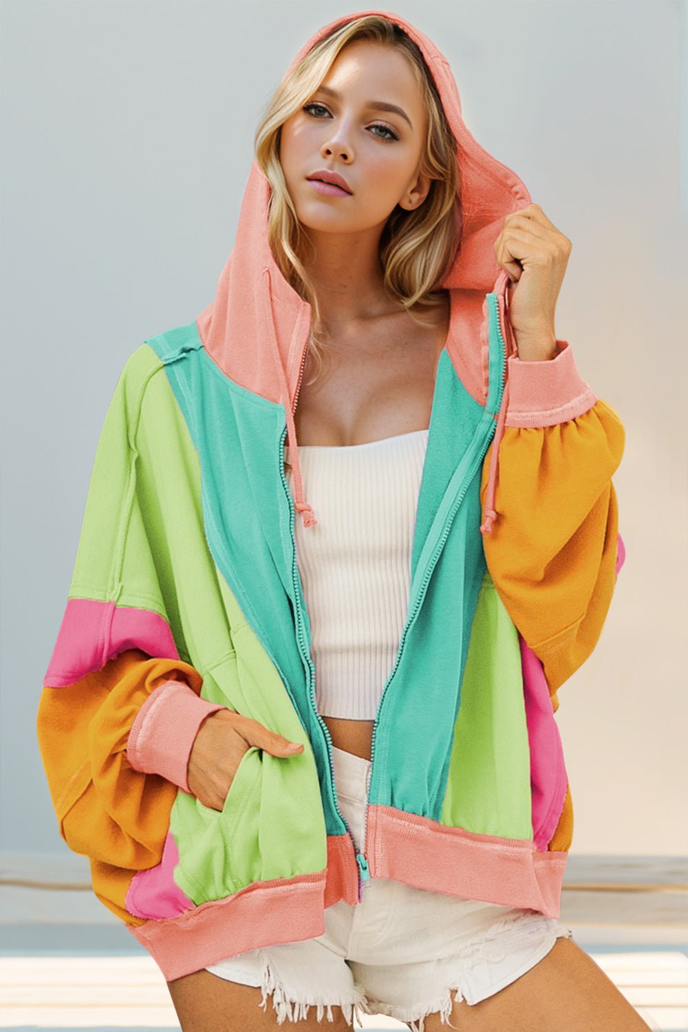 Color Block Zip Up Hoodie - 4 color options