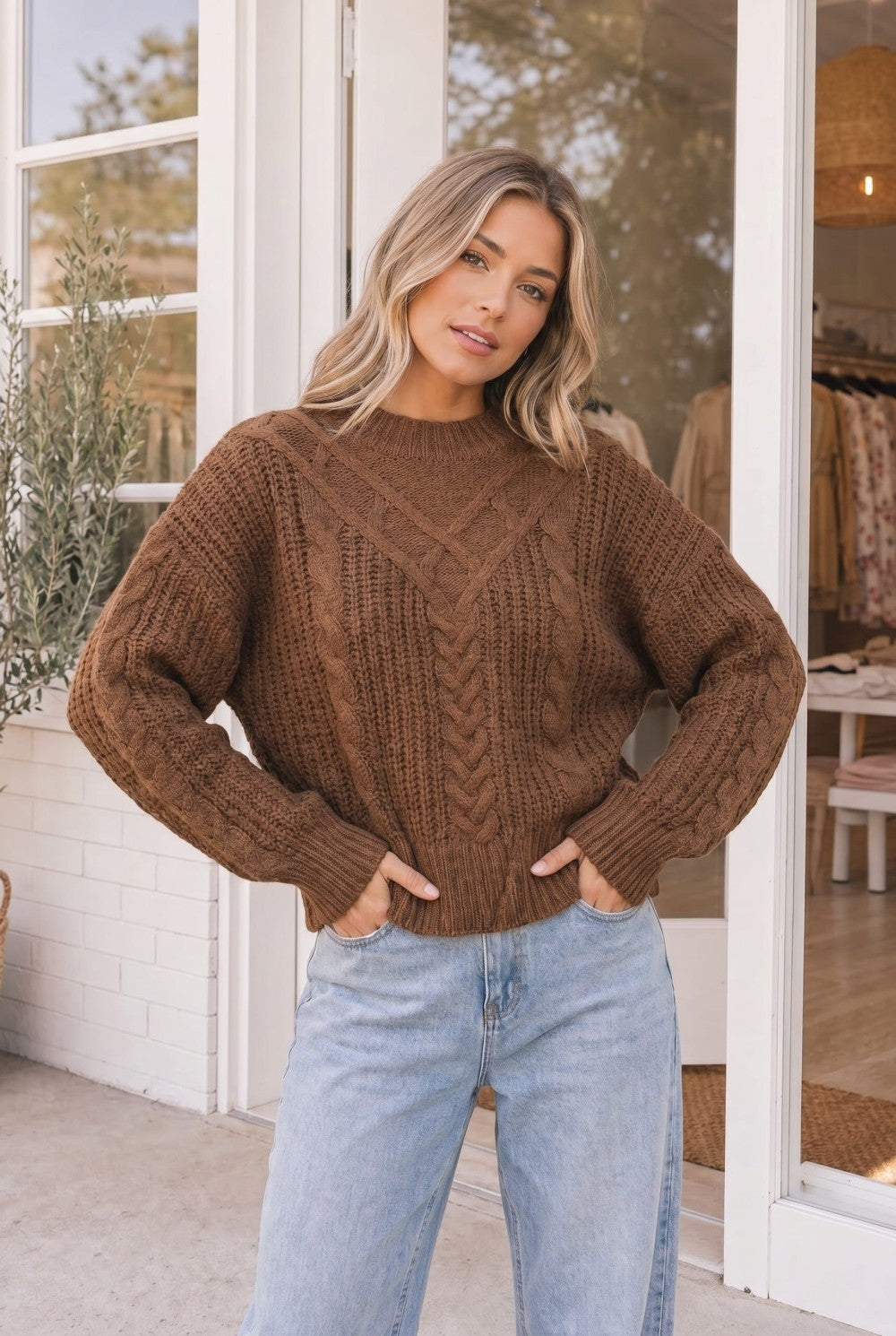 October Kiss Cable Knit Sweater in Mocha