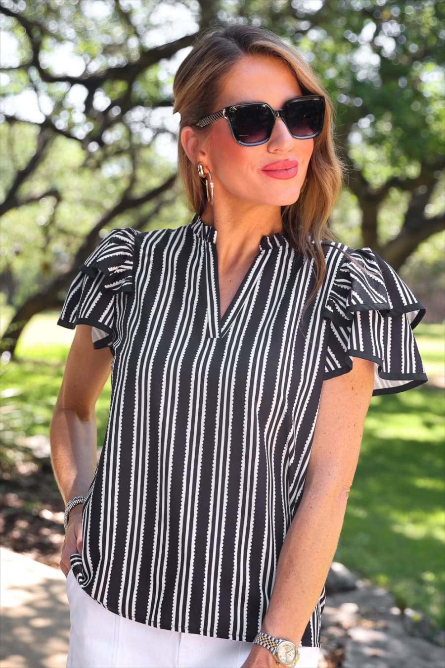 Layla Striped Flutter Sleeve Blouse- Black