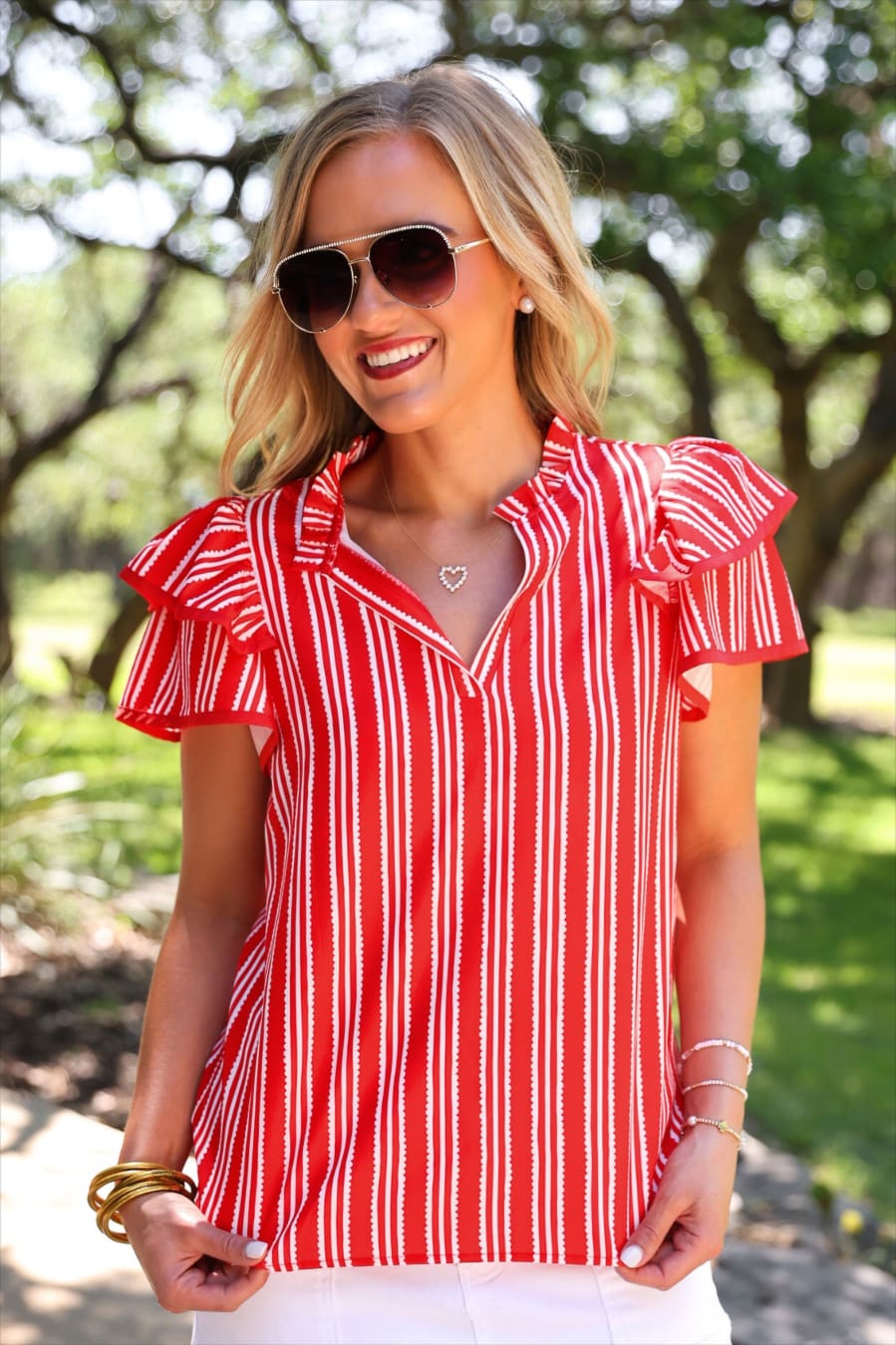 Layla Striped Flutter Sleeve Blouse- Red