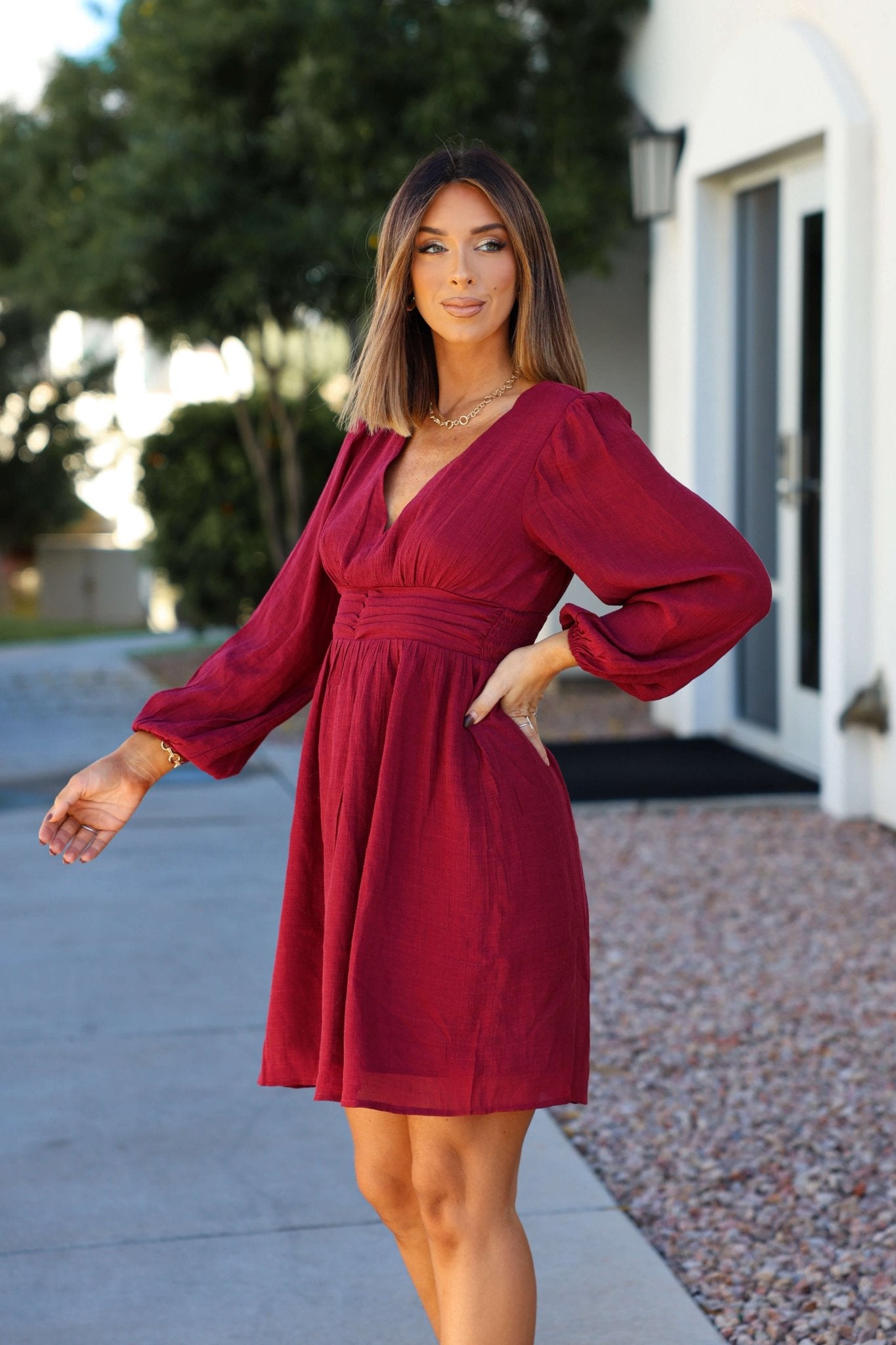 Vanessa Burgundy Ruched Mini Dress
