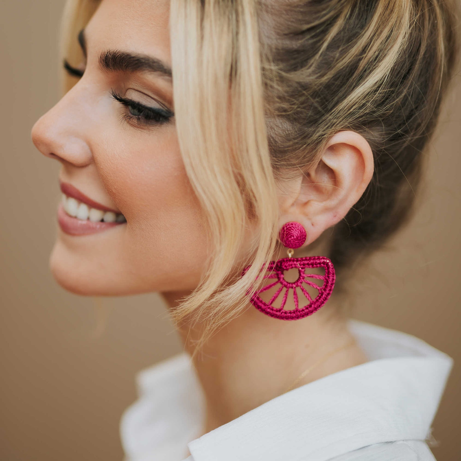 Fuchsia Rattan Half Moon Earrings 