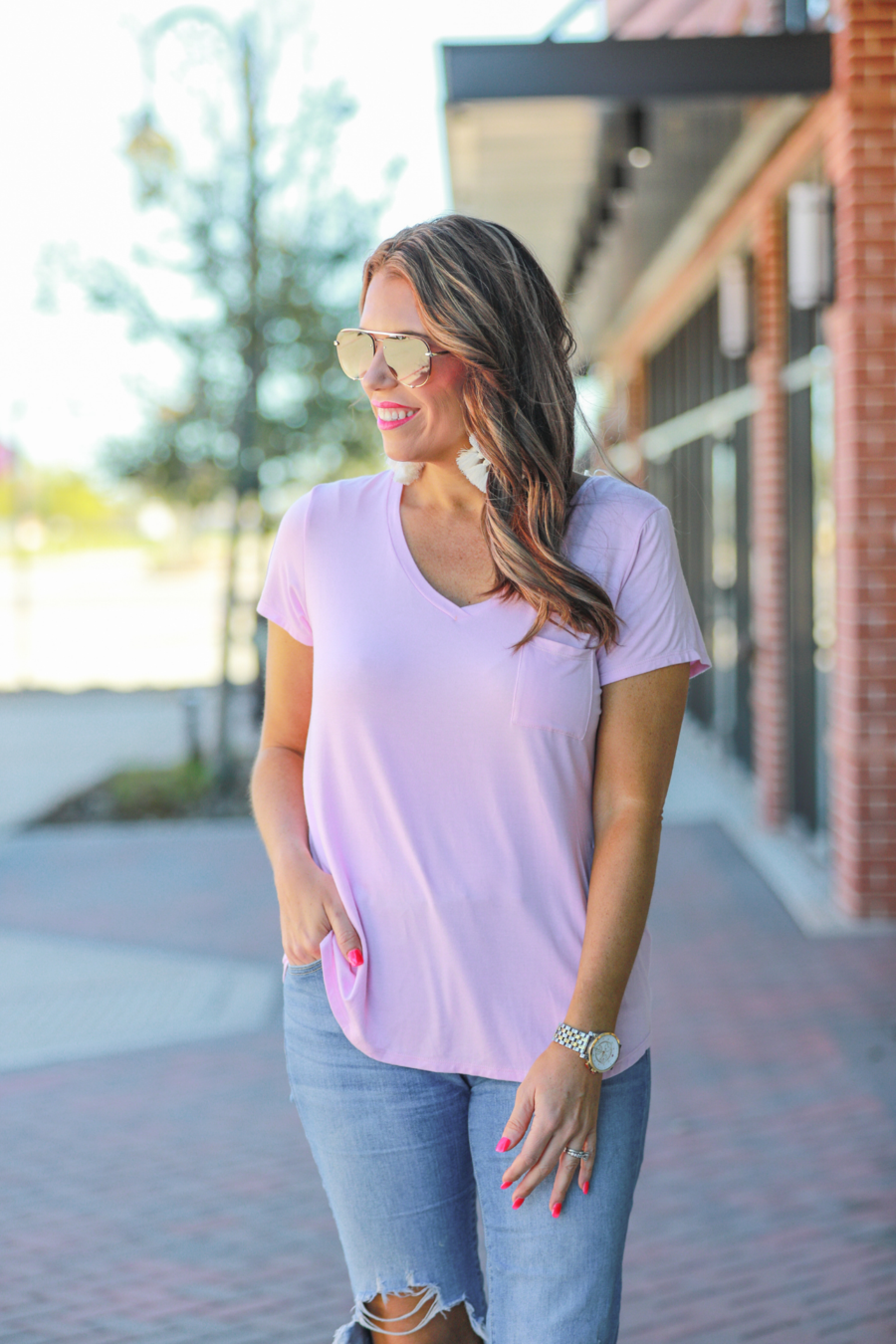 Basic V-neck Pocket Tee - Pink