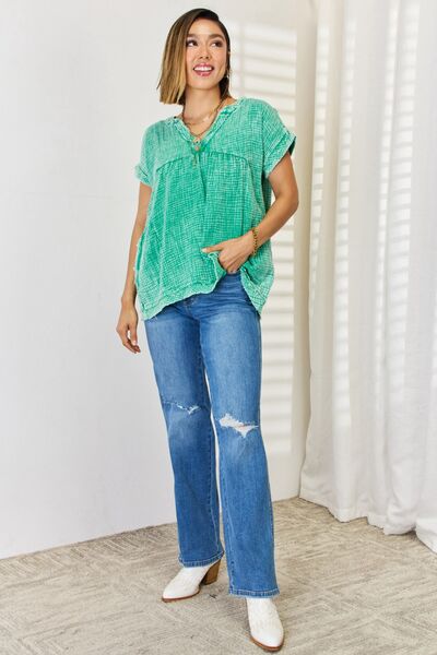 Zenana Kelly Green Washed Raw Hem Short Sleeve Blouse with Pockets S-XL