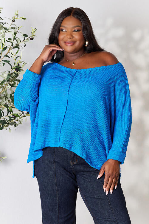 Ocean Blue Round Neck High-Low Slit Knit Top